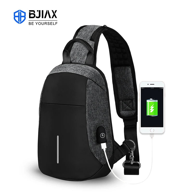 Custom BJIAX Autumn Hiking Fashion Waterproof Nylon Crossbody Sling Bag USB Anti-Theft