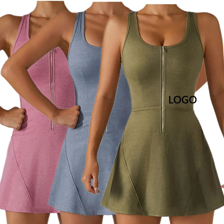 Front Zipper Womens Golf Sport Dress Set Elastic Casual Sportswear Set Front Zipper Womens Tennis Wear