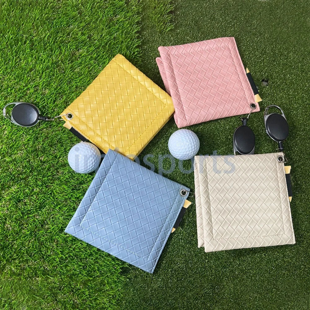 Ready to Ship Portable  PU Woven Pattern Golf Cleaning Tool /Golf Towel  with Retractable Hook  for Clean Club and Balls