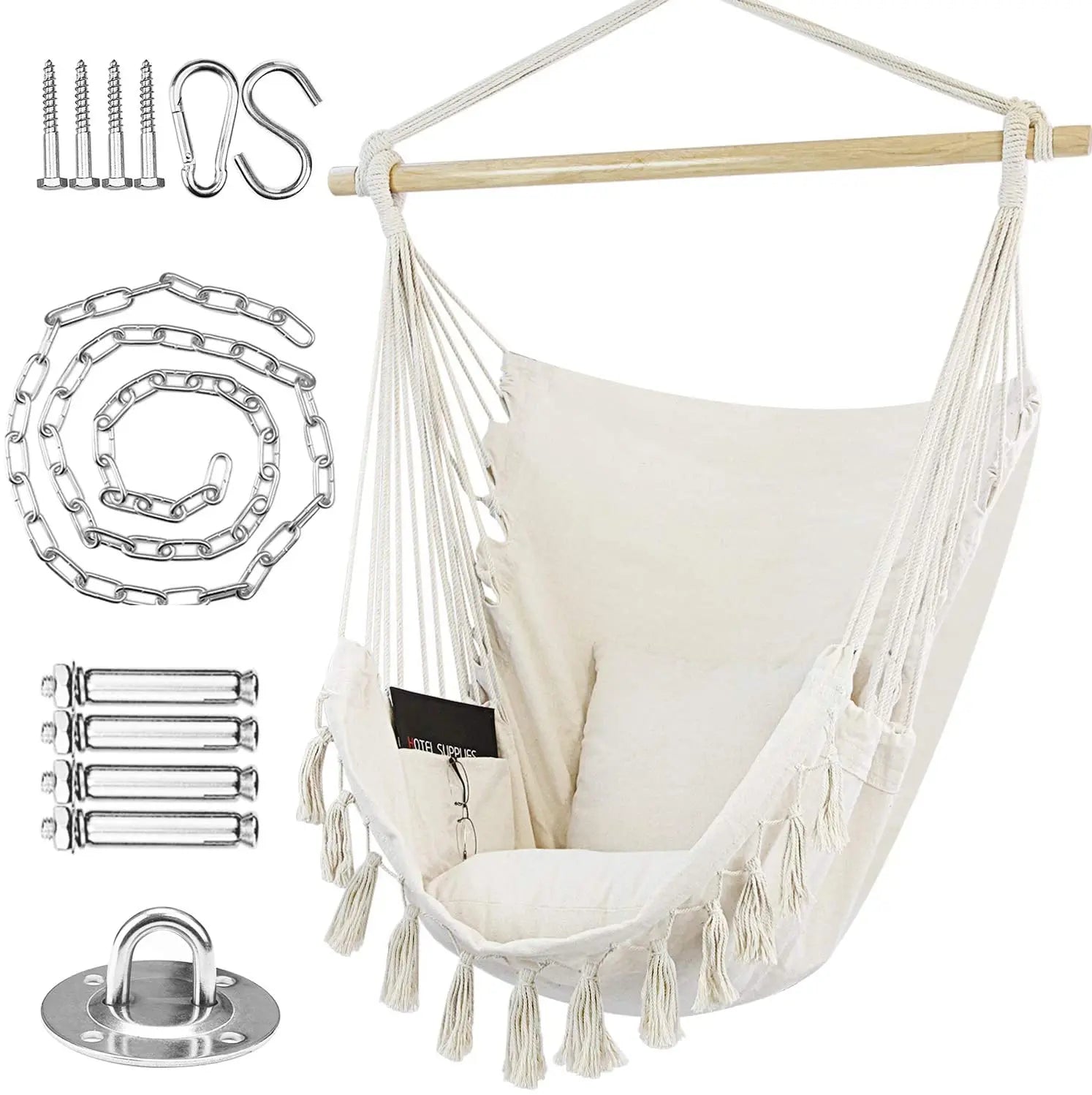 Woqi Hammock Chair Swing With Hardware Kit Hanging Macrame Chair Cotton Canvas Include Carry Bag & Two Soft Seat Cushions