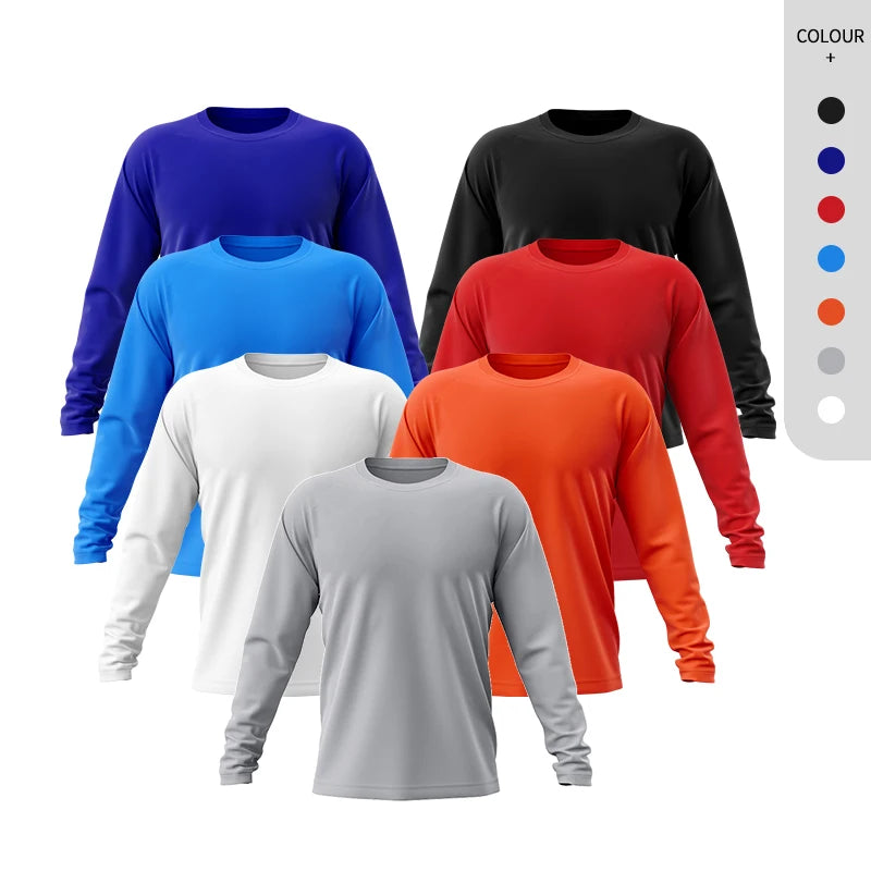100% Polyester Long Sleeve Dryfit Crewneck Mens Sport Shirt Custom Logo Solid Color Blue Shirt for Men