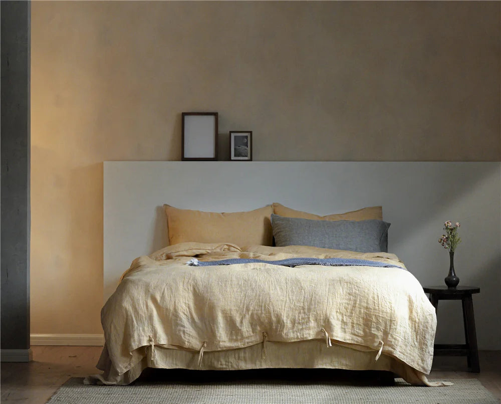 Modern 100% Linen Sheet Set Embroidery Washed 4 Pieces Soft Bedding Natural Flax Breathable for Farmhouse Style Solid Pattern