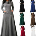 RNSHANGER Plus Size 5XL Solid A-Line Empire Waist Breathable Spandex/Polyester Elegant Long Maxi Dress Autumn Warm Turtleneck