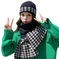 Ready to Ship Fashion Houndstooth Jacquard Wool Blended Knitted Beanie Hat Cap Women Winter Cashmere Hat and Scarf Sets