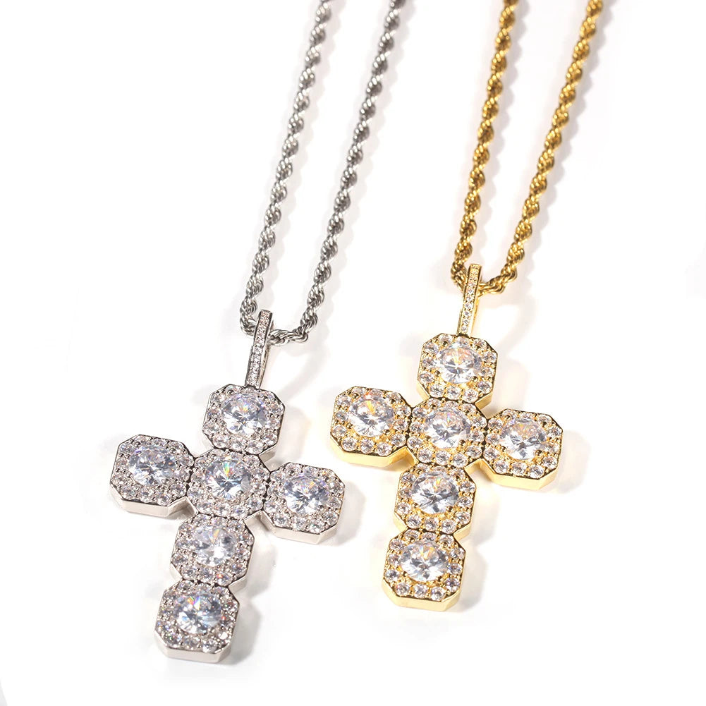 OEM 18K Gold Square Ladder Diamond Cross Pendant Necklace Hiphop Jewelry with Zircon Stones and Brass Rope Chain for Men