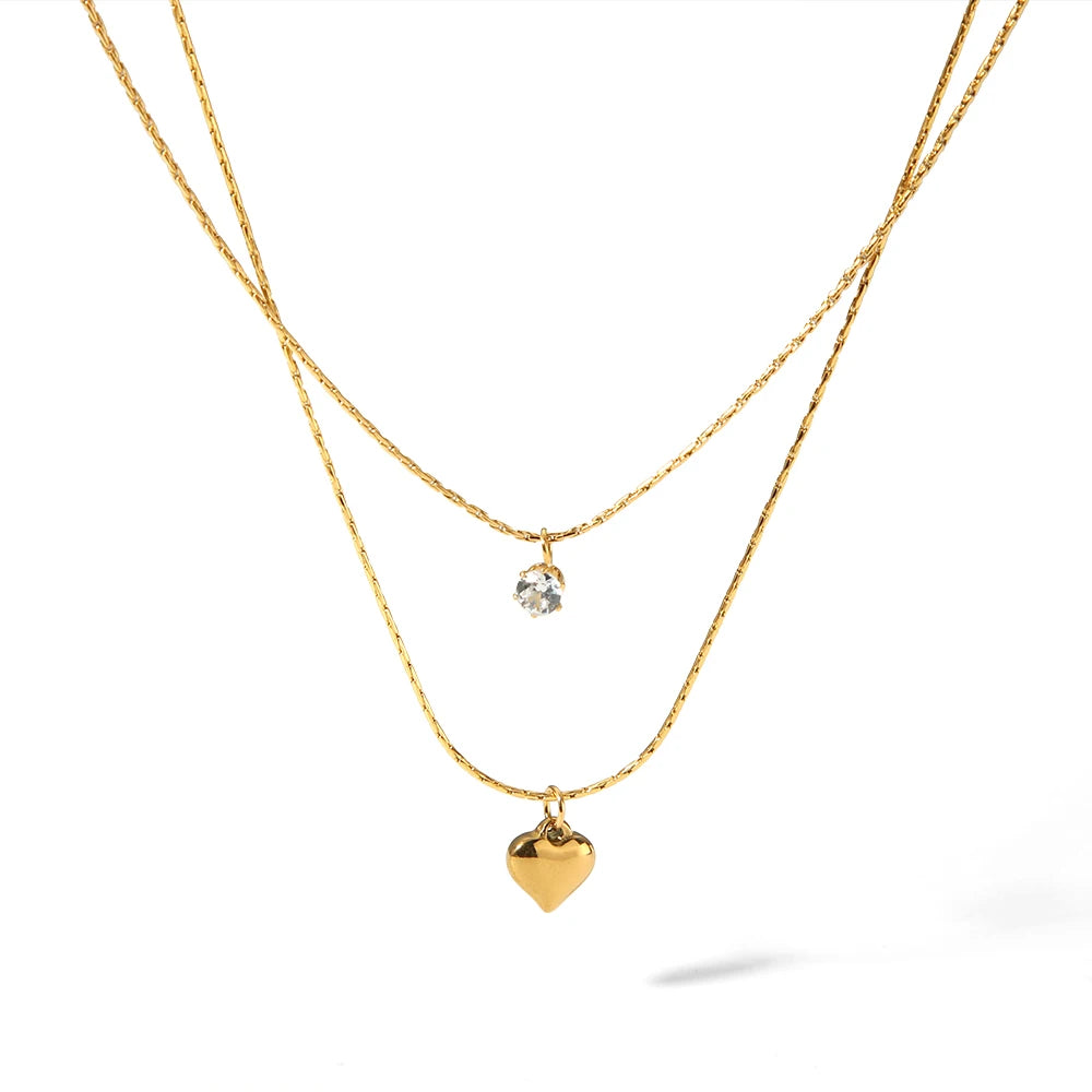 Elegant Waterproof Jewelry Stainless Steel 18K Gold Cubic Zircon Diamond Heart Pendant Necklace Double Layered