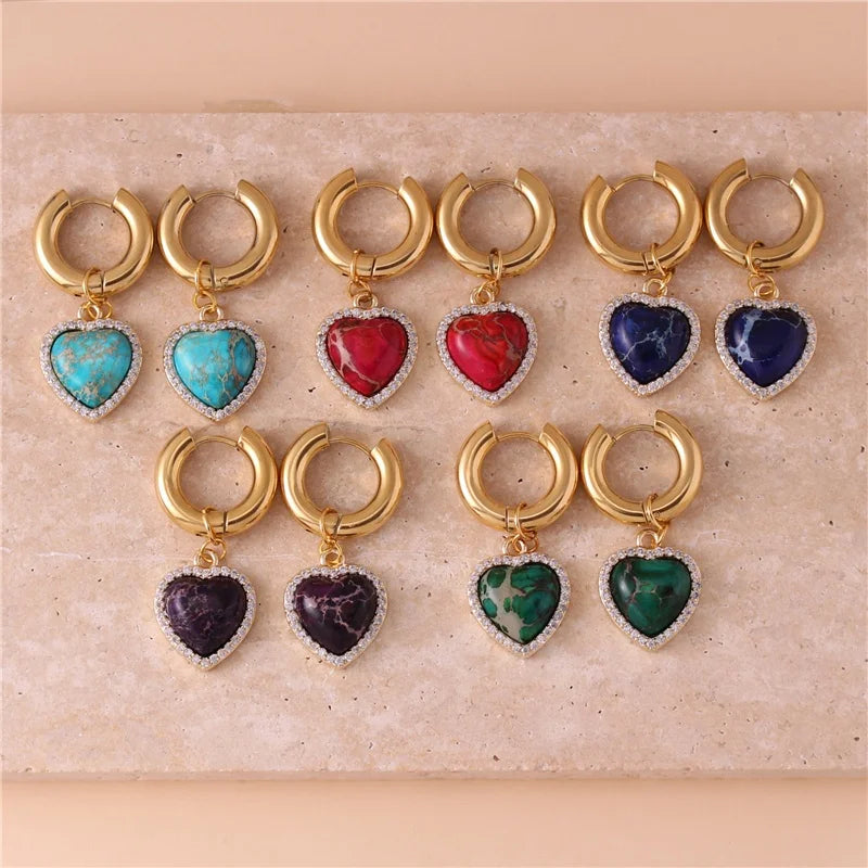 Trendy Zircon Small Heart Dangle Huggie Earrings Stone Hoop Earrings for Women Luxury Jewelry Wholesale Dropship Gold Natural