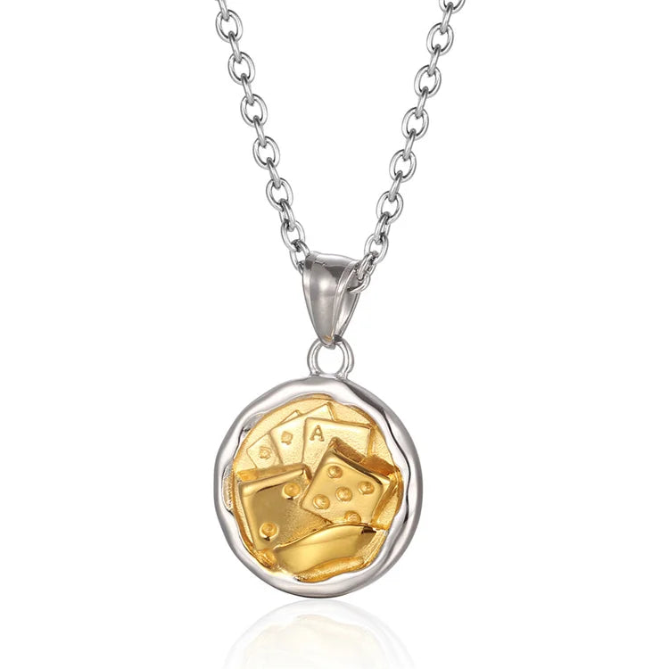 Hip Hop Punk Necklace Poker Dice Round Pendant Necklaces for Men Women