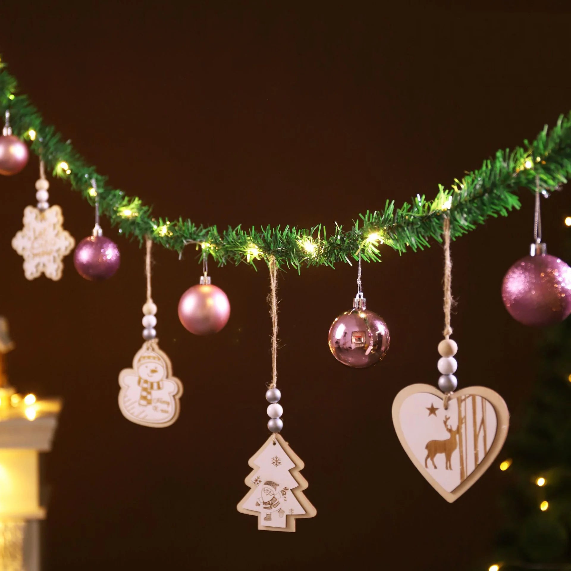 AYOYO Christmas Artificial Tinsel Garland String with LED Lights and Plastic Balls Woolen Pendant Decor