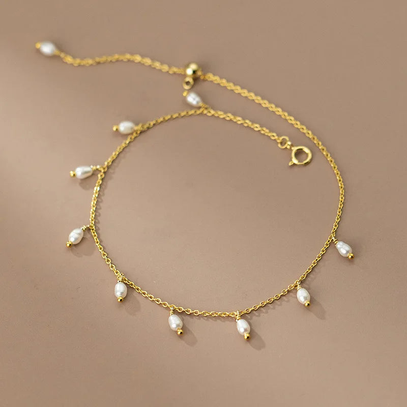 Fashion Jewelry 925 Sterling Silver Anklet Multiple Freshwater Pearls Tassel Gold Plated Anklets for Women
