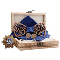 New Style Hollow Out Wooden Bowtie and Handkerchief Cufflink Brooch Gift Box Set for Mens Suits