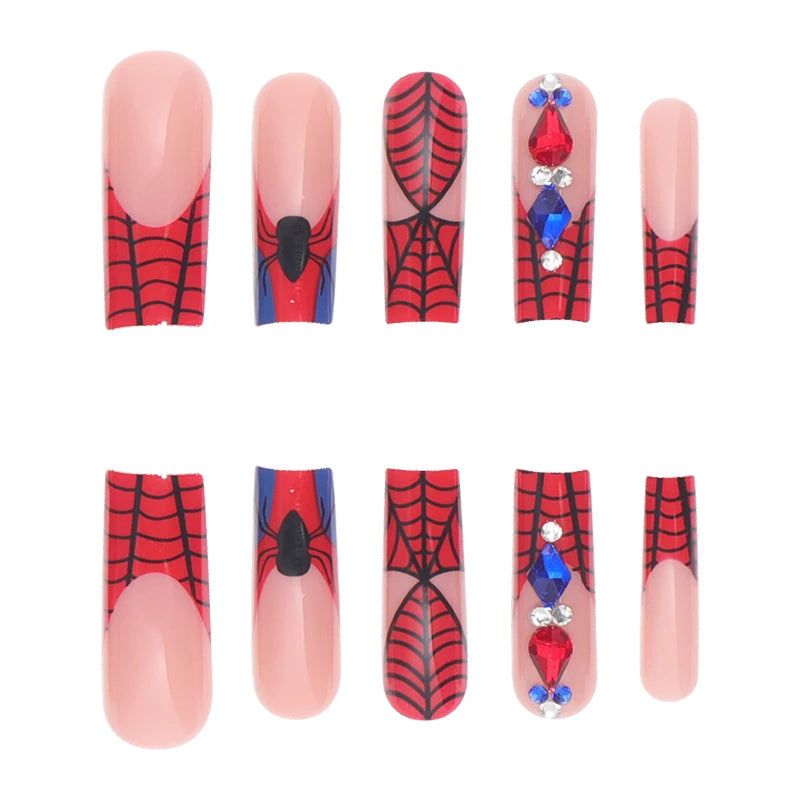 Wholesale Temooi 24Pcs ABS Long Tips Coffin False Nails Hero Rhinestone Printing with Nail Glue Press on Nail Art Design