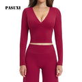 PASUXI Women Seamless Yoga Top Slim Fit Long Sleeve Gym Workout Shirt Breathable Ribbed Fitness Running Activewear