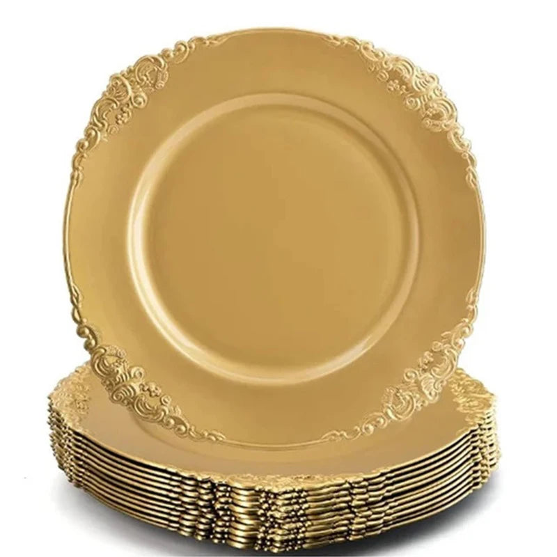 Gold 13 Inch Round Charger Plates Leaf Embossed Rim Under Charger Plate Wedding Table Decoration