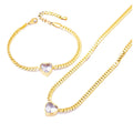 Hip Hip Fashion Stainless Steel Cubic Zircon Heart Charm Side Chain Link Bracelet Necklace Jewelry Set