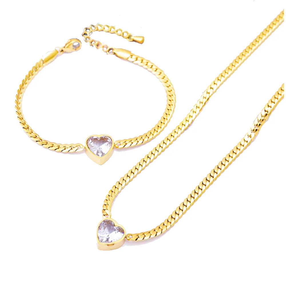 Hip Hip Fashion Stainless Steel Cubic Zircon Heart Charm Side Chain Link Bracelet Necklace Jewelry Set