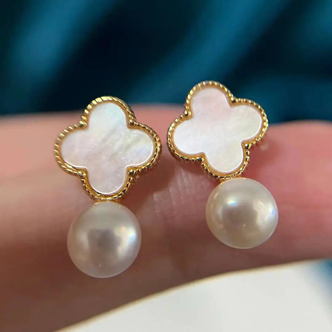 Cute Girl Natural Shell Inlaid Four Leaf Grass Earrings S925 Silver Needle Anti Allergy 6-7MM Natural Freshwater Pearl Earrings