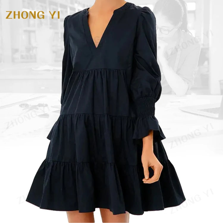 Clothing Factory Wholesale Custom Ladies Solid Color Elegant V Neck High Waist Women's Summer Knee Length Custom Short Dress