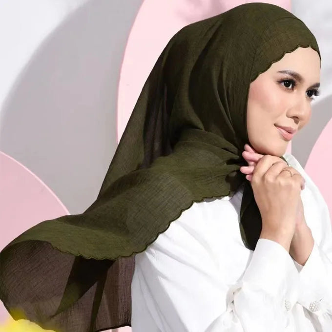 Custom Chiffon Embroidery Shawl Headscarves JM Scarf Hijab with Leaf Argyle Dot Pattern for Spring