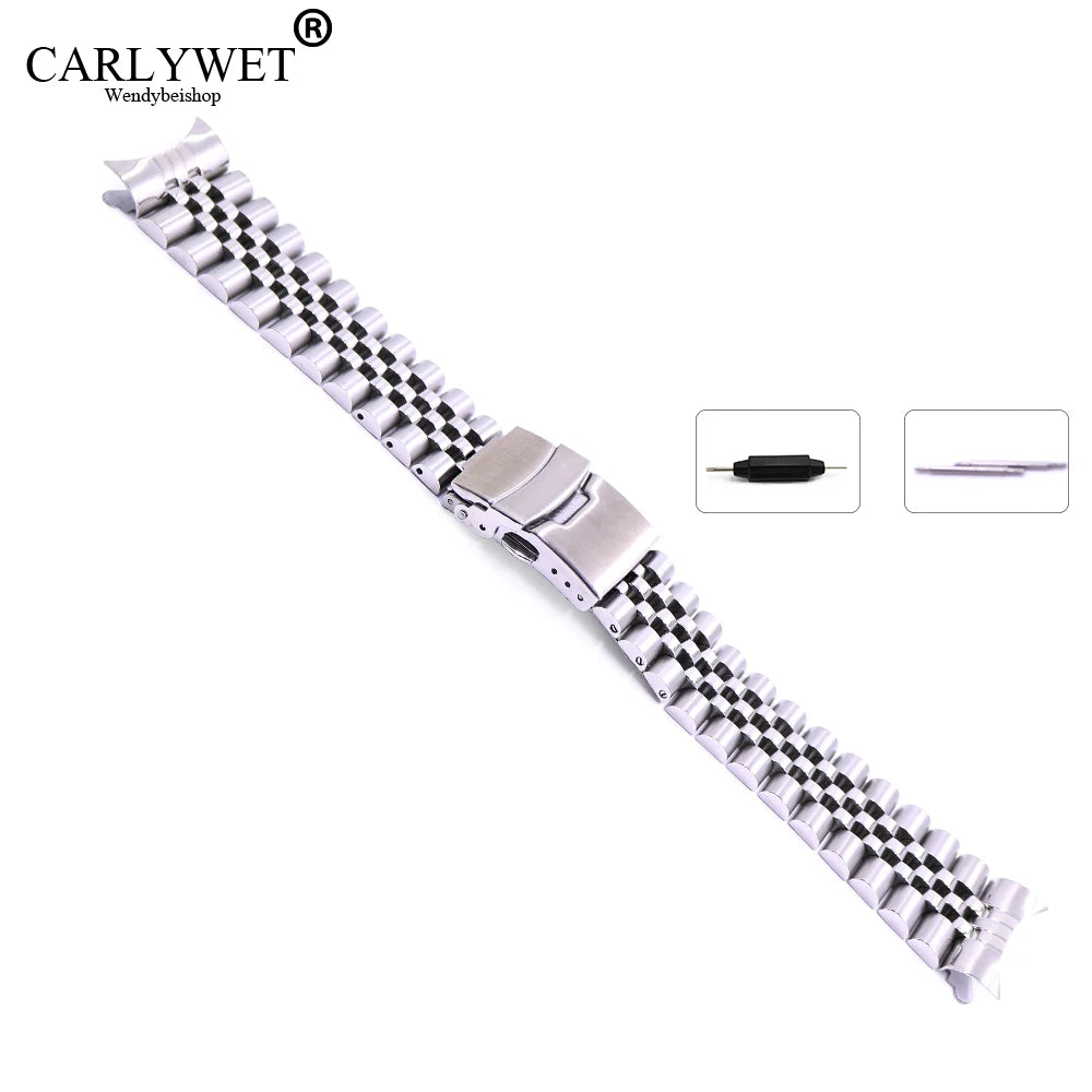 Rolamy 20mm Jubilee Bracelet Band Strap Hollow Curved End Solid Screw Links Luxury Stainless Steel Silver Double Push Clasp