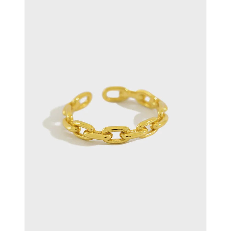 925 Silver Jewelry Adjustable Ring Women 925 Sterling Silver 18K Gold Plated Chain Shape Minimalist Resizable Ring Jewelry
