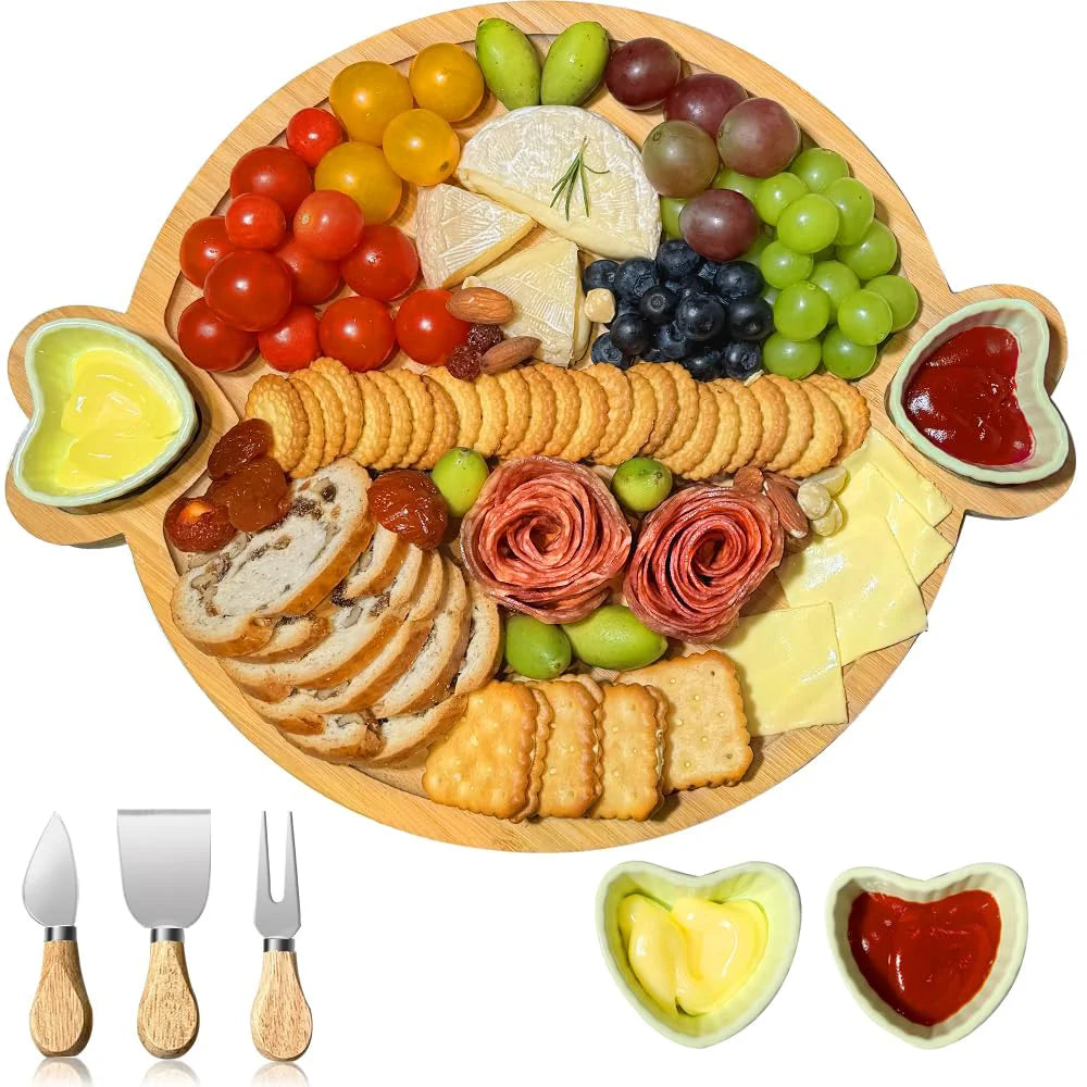 Cute Large Bamboo Cheese Board with Heart-Shaped Ceramic Bowls for Home Warming New Home Wedding Serving Tray Chopping Blocks