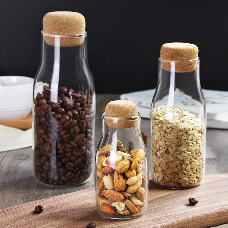 New Glass Jar 150/300/700ml Food Storage Canister Glass Jars with Cork Wood Lid for Sugar Tea Coffee
