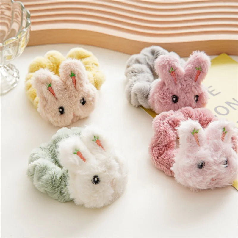 2024 Wholesale Fabric Elastic Band Plush Scrunchies Accessories Custom Cute Cartoon Rabbit Winter Furry Scrunchies