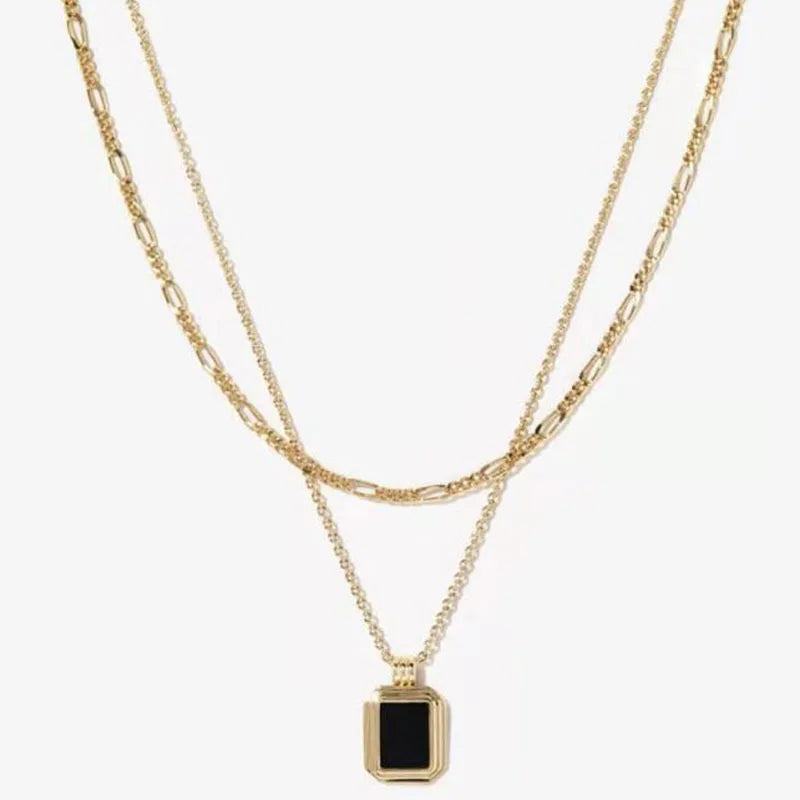 Fenny Wholesale 18K PVD Plated Tarnish Free Double Layer Figaro Chain Square Shell Pendant Stainless Steel Necklace for Women