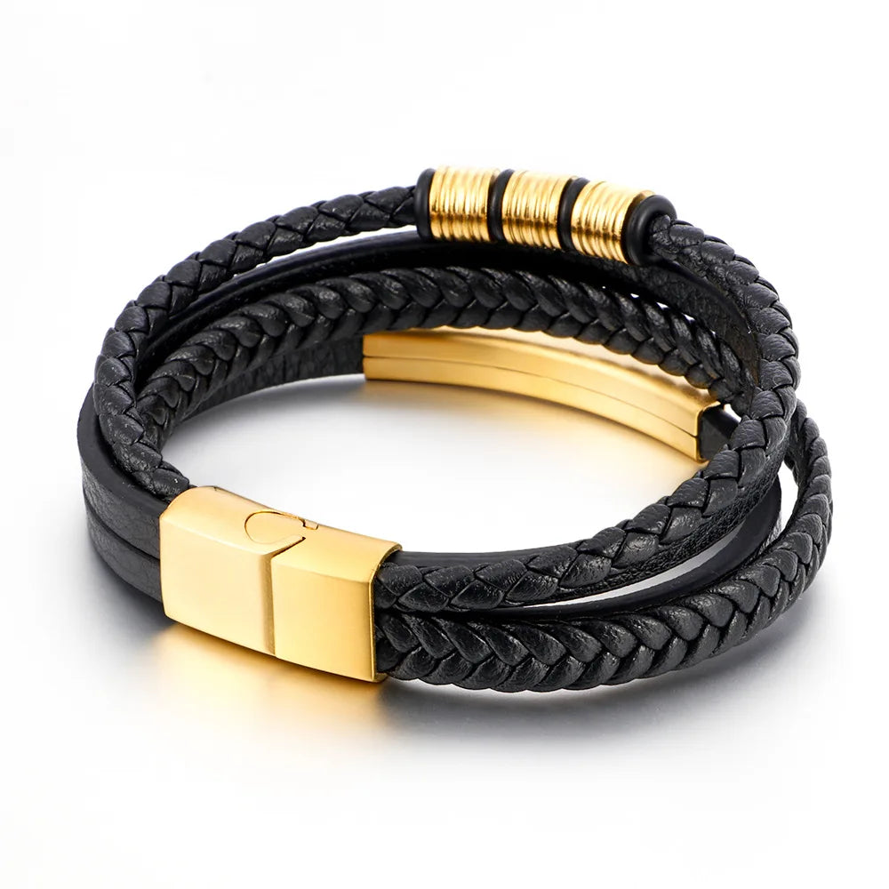 wholesale  bracelets titanium steel magnetic buckles titanium steel woven multi-layer leather stainless steel bracelets