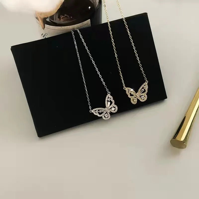 Women's Elegant Copper Gold Silver Plated Hollowed Out Butterfly Crystal Rhinestone Necklace for Wedding and Party
