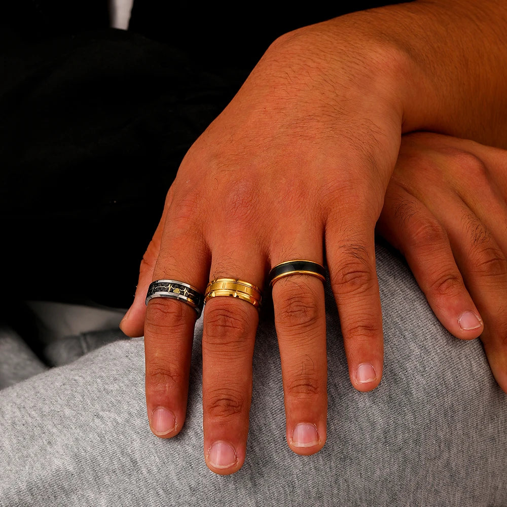 Fashion Titanium Steel Ring Sets for Men Mix Color Gold Plated Electrocardiogram Pattern  Stainless Steel Jewelry Finger Rings