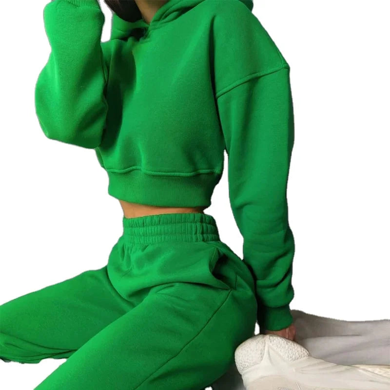 Women's Hot Selling Winter Embroidered Hoodie Set Crop Top and Sweatpants with Terry Fabric Hooded Collar Front Logo