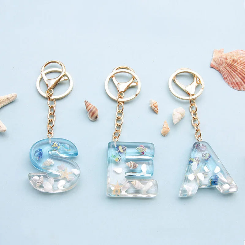 New Ocean Tropical Fish 26 English Letters Shell Glue Resin Keychain for Bag Pendant