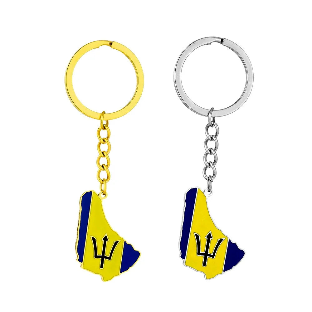 Factory Enameled Barbados Flag Map Keyring Stainless Steel 18K Gold Plated Enamel Caribbean Sea Barbadian Map Pendant Key Chain