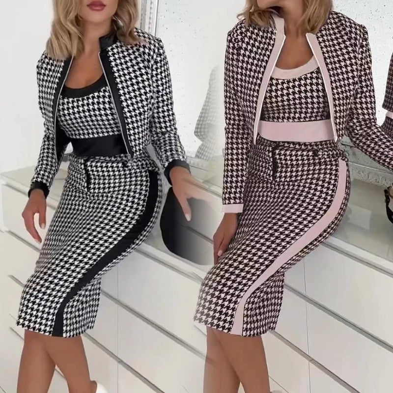 Spring Fall Women's Clothing Women Casual Temperament commuter Print tank Top Long Sleeve Coat Skirts Three Piece Ladies Sets