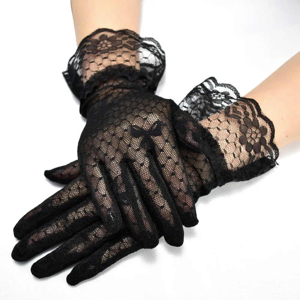 MIO Women Party Wedding Bow Mesh Lace Gloves Short Black White Vintage Wrist Ruffle Gloves Elegant Bridal Finger Mittens