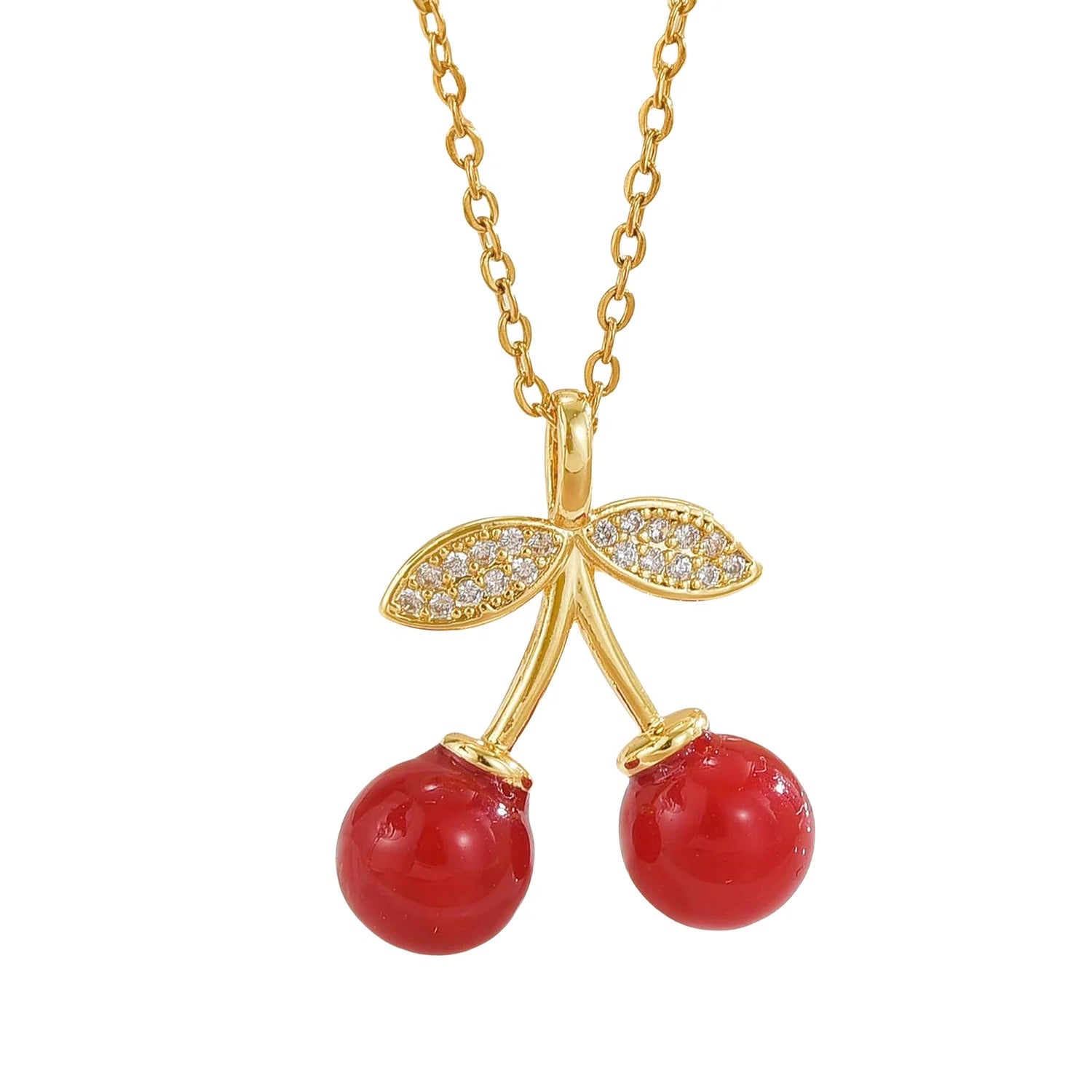 Alloy Gold Plated Crystal Rhinestone Cherry Pendant Necklace Fashion Jewelry for Women Link Chain for Gift