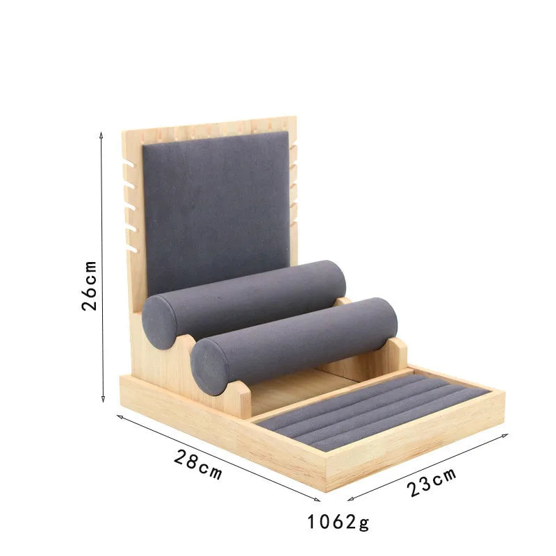 Bamboo Wood Microfiber Ring Bracelet Necklace Display Rack Multi-Purpose Jewelry Combination Set Container