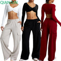 Custom Logo Women's Yoga Long Sleeve Crop Top 2 Pieces Set Gym Pants Sports Top Women Fitness Set