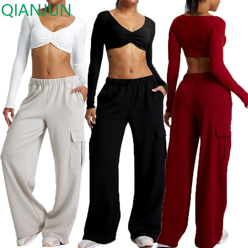 Custom Logo Women's Yoga Long Sleeve Crop Top 2 Pieces Set Gym Pants Sports Top Women Fitness Set