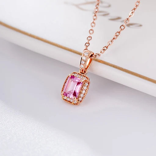 Hot Sale Natural Rectangle Pink Sapphire Classic Pendants & Necklace 18k Gold Chain Pendant Women Fashion Diamond Jewelry