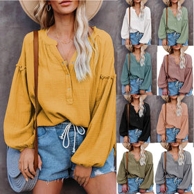 S-XXL Autumn Winter New Solid Color Patchwork Lantern Sleeve Breasted V Collar Knit Button Casual Shirt for Women
