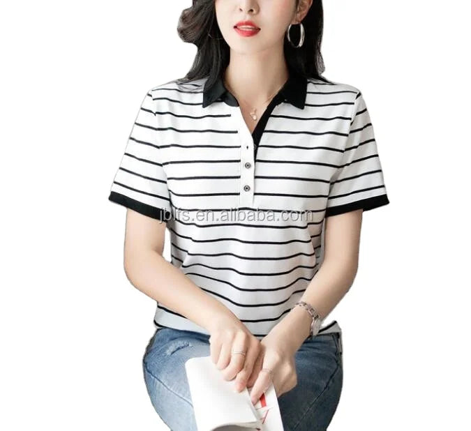 China Garments Factory Ome High Quality Cotton Spandex Striped Fabric Ladies Fashion Polo t Shirts