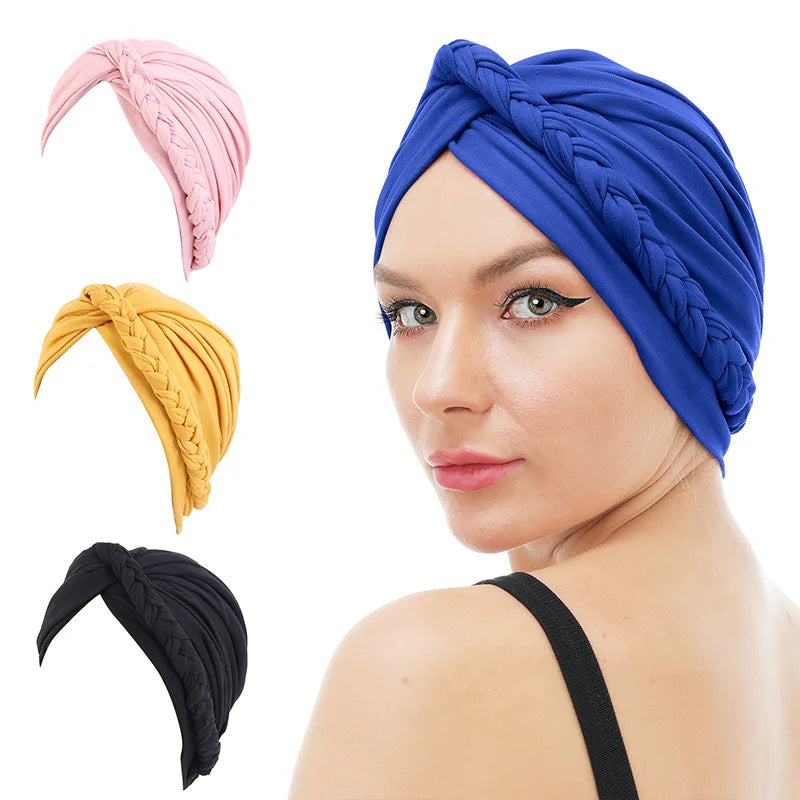 Best Selling Solid Color Hijab Twist Braid Headband Hat Turban Women Elastic Chemotherapy Yoga Hat Bandanas Turbans for Ladies