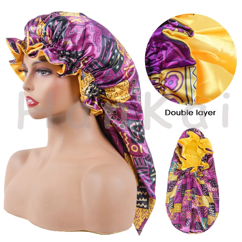 New Arrival Best Selling Double Layer Long Hair Bonnet Cap Custom Designer Hair Wraps Satin Silk Sleep Sleep Hair Bonnet