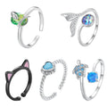 925 Sterling Silver Rings Cat Snake Turtle Heart Mermaid Rings with Opal CZ