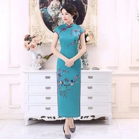 C0173 New Long Vintage Silk Short Sleeve Standing Collar Cheongsam Women 2024