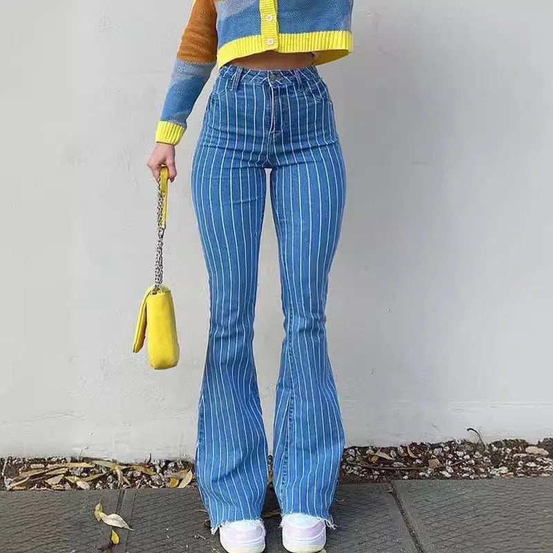 Autumn Women's Retro  Style High Waist Striped Skinny Jeans New  Spicy Slim Trousers Mid Denim Fabric