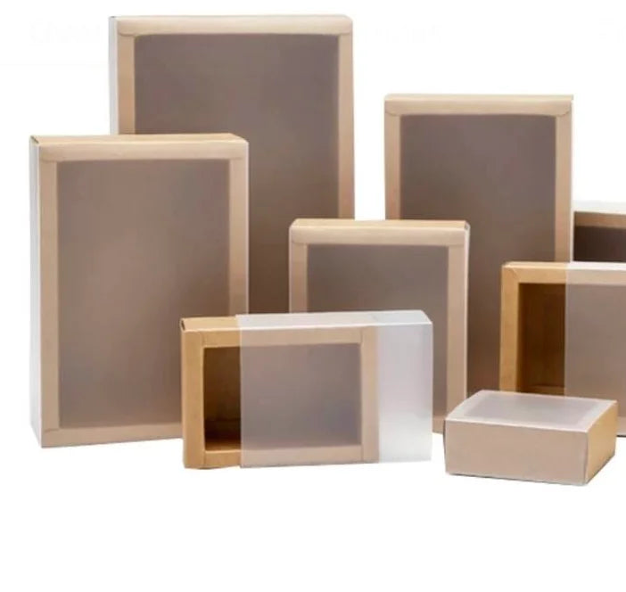 Custom Recycled Kraft Paper Slide Box Packaging with Embossing and Semi-transparent Plastic Sleeve for Socks